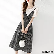 【MsMore】 假兩件吊帶時尚休閒寬鬆短袖拼接韓版連身長裙圓領長版洋裝 # 116658 M 黑白色
