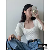 【Jilli~ko】法式氣質方領泡泡袖坑條廓形針織衫 J10541  FREE 白色