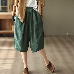 【慢。生活】復古棉麻鬆緊腰休閒寬版五分褲 701 FREE 綠色
