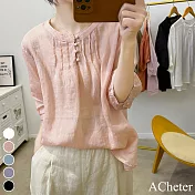 【ACheter】 立領純色蘆麻短袖復古寬鬆襯衣顯瘦百搭短版上衣# 117172 M 粉紅色