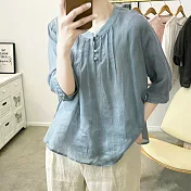 【ACheter】 立領純色蘆麻短袖復古寬鬆襯衣顯瘦百搭短版上衣# 117172 M 藍色