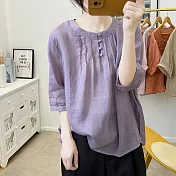 【ACheter】 立領純色蘆麻短袖復古寬鬆襯衣顯瘦百搭短版上衣# 117172 M 紫色