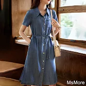 【MsMore】 設計感薄款牛仔連身裙夏季新款質感休閒短袖襯衫式中長版洋裝# 117187 M 牛仔藍色