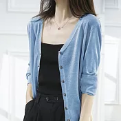 【MsMore】 夏新款V領針織開衫薄冰絲寬鬆防曬外套短款長袖空調衫罩衫上衣# 117306 FREE 藍色