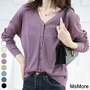 【MsMore】 夏新款V領針織開衫薄冰絲寬鬆防曬外套短款長袖空調衫罩衫上衣# 117306 FREE 紫色