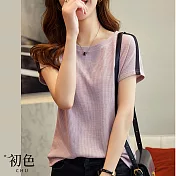 【初色】撞色條華夫格短袖T恤上衣-紫色-67961(M-2XL可選) M 紫色