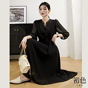 【初色】淑女輕薄飄逸夏季折袖荷葉邊裙-共3色-67895(M-XL可選) XL 黑色