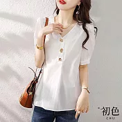 【初色】V領泡泡袖不規則鈕扣短袖T恤上衣-共2色-68093(M-2XL可選) XL 白色