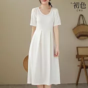 【初色】簡約風短袖純色拼接針織顯瘦中長裙連身裙洋裝-共3色-68149(F可選) F 白色