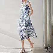 【初色】無袖V領收腰雪紡顯瘦中長裙連衣裙洋裝-藍色-68107(M-XL可選) M 藍色