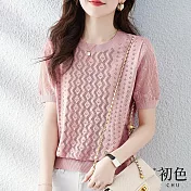 【初色】鏤空圓領素色寬鬆親膚短袖針織衫上衣-粉色-68080(F可選) F 粉色