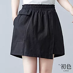 【初色】棉麻風高腰休閒闊腿短褲裙─共3色─68148(M─2XL可選) 2XL 黑色