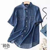 【初色】薄款休閒寬鬆翻領短袖排扣牛仔襯衫上衣-共2色-68153(M-2XL可選) XL 深藍色