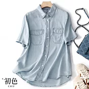 【初色】薄款休閒寬鬆翻領短袖排扣牛仔襯衫上衣-共2色-68153(M-2XL可選) XL 淺藍色