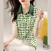 【初色】波點拼接雪紡寬鬆短袖連肩袖翻領排扣襯衫上衣-綠色-68050(M-2XL可選) M 綠色