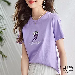 【初色】簡約字母印花寬鬆短袖圓領T恤上衣─共2色─67978(M─2XL可選) M 紫色