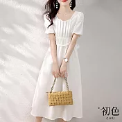 【初色】泡泡袖法式高腰短袖連衣裙雪紡連身洋裝-白色-67865(M-2XL可選) M 白色
