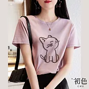 【初色】釘珠小貓短袖T恤-共3色-61498(M-2XL可選) M 粉色