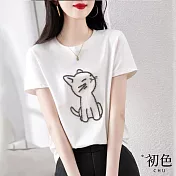 【初色】釘珠小貓短袖T恤-共3色-61498(M-2XL可選) M 白色