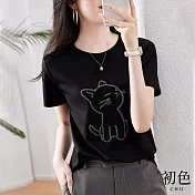 【初色】釘珠小貓短袖T恤-共3色-61498(M-2XL可選) M 黑色