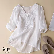 【初色】休閒棉麻風造型襯衫上衣-共8款/組-61572(M-2XL可選) XL E.白色