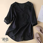 【初色】休閒棉麻風造型襯衫上衣-共8款/組-61572(M-2XL可選) XL E.黑色