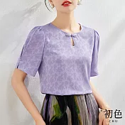 【初色】東方中國結氣質圓領雪紡衫短袖上衣-共3色-67968(M-2XL可選) M 紫色