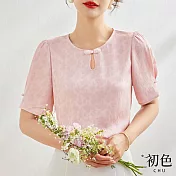 【初色】東方中國結氣質圓領雪紡衫短袖上衣-共3色-67968(M-2XL可選) XL 粉色