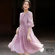 【初色】燈籠袖荷葉領連衣裙七分袖輕薄連身洋裝-共3色-67871(M-XL可選) M 粉色