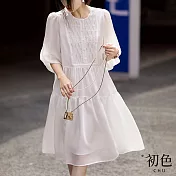 【初色】燈籠袖荷葉領連衣裙七分袖輕薄連身洋裝-共3色-67871(M-XL可選) M 白色