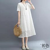 【初色】大碼蕾絲鏤空寬鬆顯瘦短袖連衣中長裙洋裝-共3色-67826(M-2XL可選) M 白色