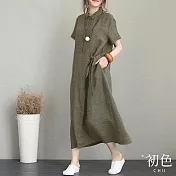 【初色】POLO領素色棉麻風寬鬆短袖連身裙長裙-共3色-67934(M-2XL可選) L 軍綠色