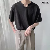 【AMIEE】慵懶風華夫格純色短袖長袖T恤(男裝/KDTY-T107S短袖/KDTY-T107M長袖) XL 黑色短袖