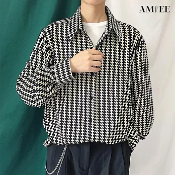 【AMIEE】日韓系經典百搭千鳥紋襯衫(男裝/KDTY-2221) M 黑色