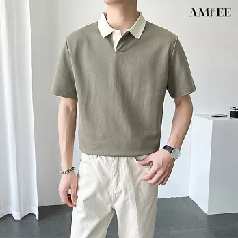 【AMIEE】流行百搭立領撞色POLO衫(男裝/KDTY-T379) M 灰綠