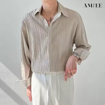 【AMIEE】皺褶條紋設計感襯衫(男裝/KDTY-C25) M 杏色