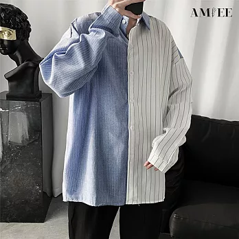 【AMIEE】男神拼接條紋襯衫(男裝/KDTY-C08) XL 藍色