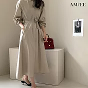 【AMIEE】古典優雅OL風系帶洋裝(KDDY-9071) L 卡其