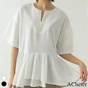 【ACheter】 日系氣質襯衫珍珠裝飾v領不規則寬鬆短袖短版上衣# 117013 FREE 白色