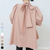 【ACheter】 夏季薄燈籠短袖蝴蝶結繫帶立領寬鬆純色條紋短版上衣# 117017 FREE 粉紅色