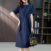 【ACheter】 韓版寬鬆設計感圓領短袖風琴褶遮肉顯瘦中長版亞麻感連身裙洋裝# 117061 XL 藏青色