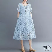 【初色】文藝蕾絲圓領寬鬆短袖顯瘦休閒連身裙洋裝-共5色-67923(M-2XL可選) XL 藍色