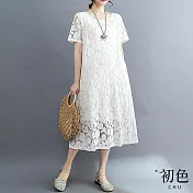 【初色】文藝蕾絲圓領寬鬆短袖顯瘦休閒連身裙洋裝-共5色-67923(M-2XL可選) M 白色