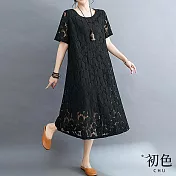 【初色】文藝蕾絲圓領寬鬆短袖顯瘦休閒連身裙洋裝-共5色-67923(M-2XL可選) M 黑色