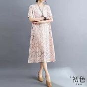 【初色】文藝蕾絲圓領寬鬆短袖顯瘦休閒連身裙洋裝-共5色-67923(M-2XL可選) M 粉色