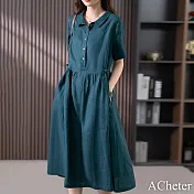 【ACheter】 孔雀藍大碼新款連身裙寬鬆襯衫領長版洋裝# 117369 M 藍色