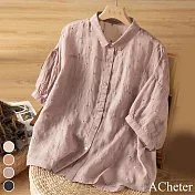 【ACheter】 短袖重工刺繡棉麻上衣文藝復古寬鬆高級感短版襯衫# 117370 M 粉紅色
