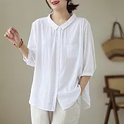 【ACheter】 襯衫七分袖上衣暗格時尚薄款洋氣純色棉麻寬鬆短版襯衫# 117372 XL 白色