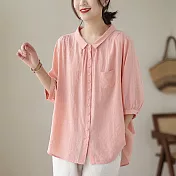 【ACheter】 襯衫七分袖上衣暗格時尚薄款洋氣純色棉麻寬鬆短版襯衫# 117372 M 粉紅色