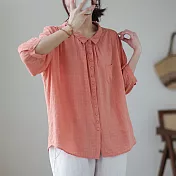 【ACheter】 襯衫七分袖上衣暗格時尚薄款洋氣純色棉麻寬鬆短版襯衫# 117372 M 橘紅色